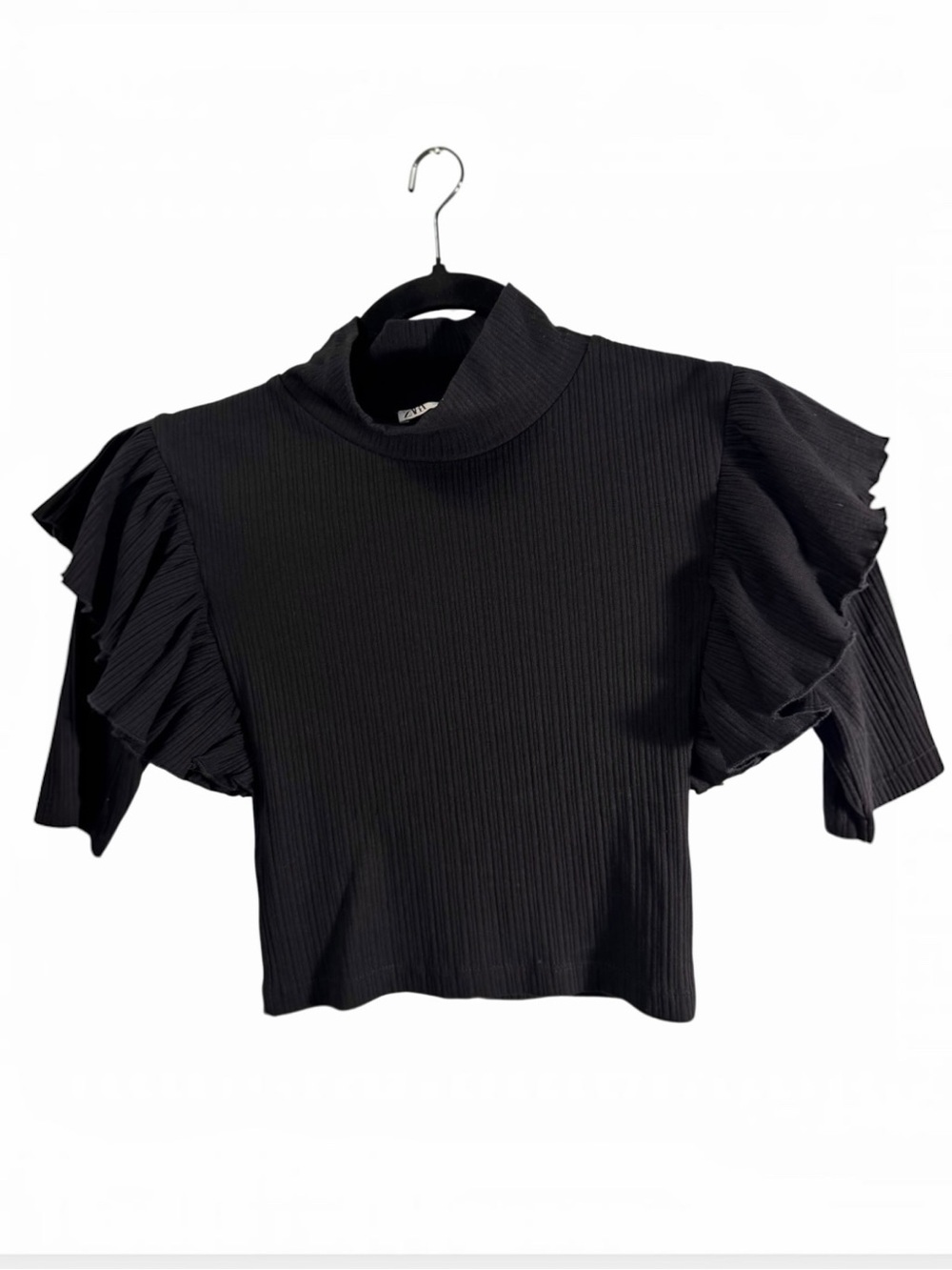 Zara Black Ribbed Mock Neck Ruffle Sleeve Crop Top XS